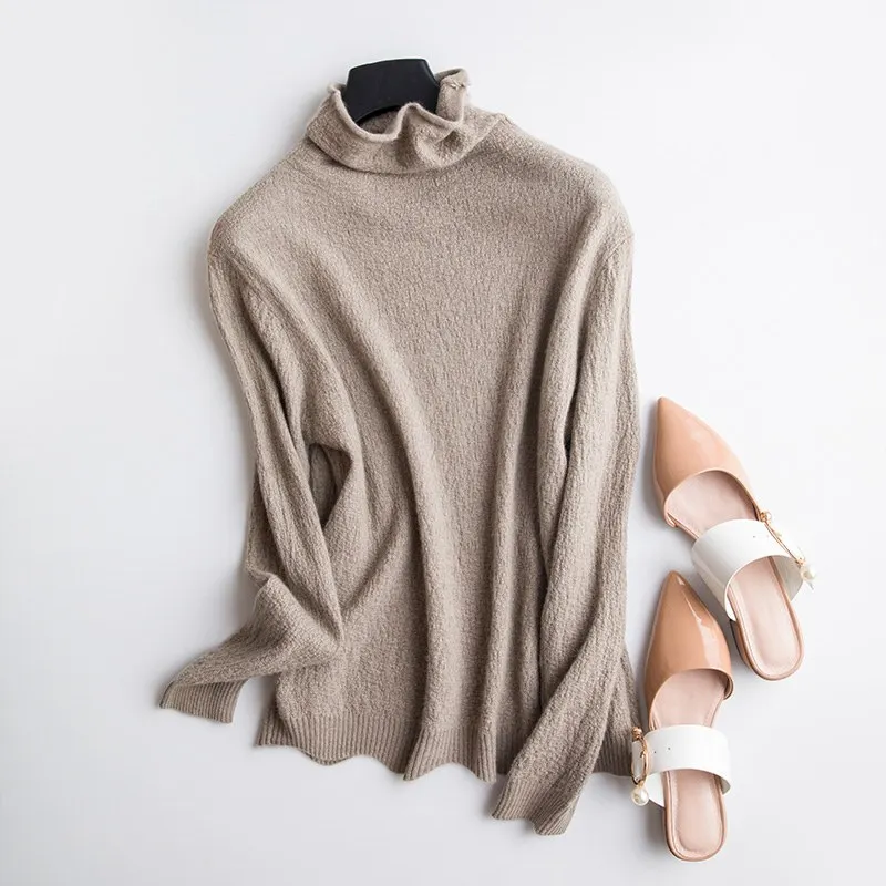 Fine Combed Wool Women Liberal Collar Knit Linen Texture Knitted Pullover Turtleneck Female Jumper Fashion Sweaters 2018-19 | Женская