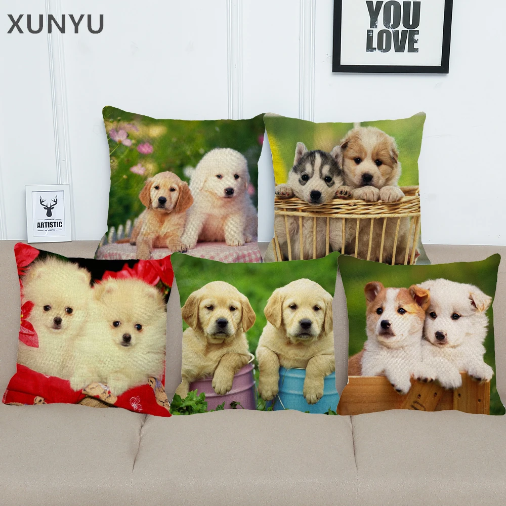 

XUNYU 18 Inch Lovely Dog Cushion Cover Decorative Linen Pillowcase Square Home Sofa Throw Pillow Cover BZ190