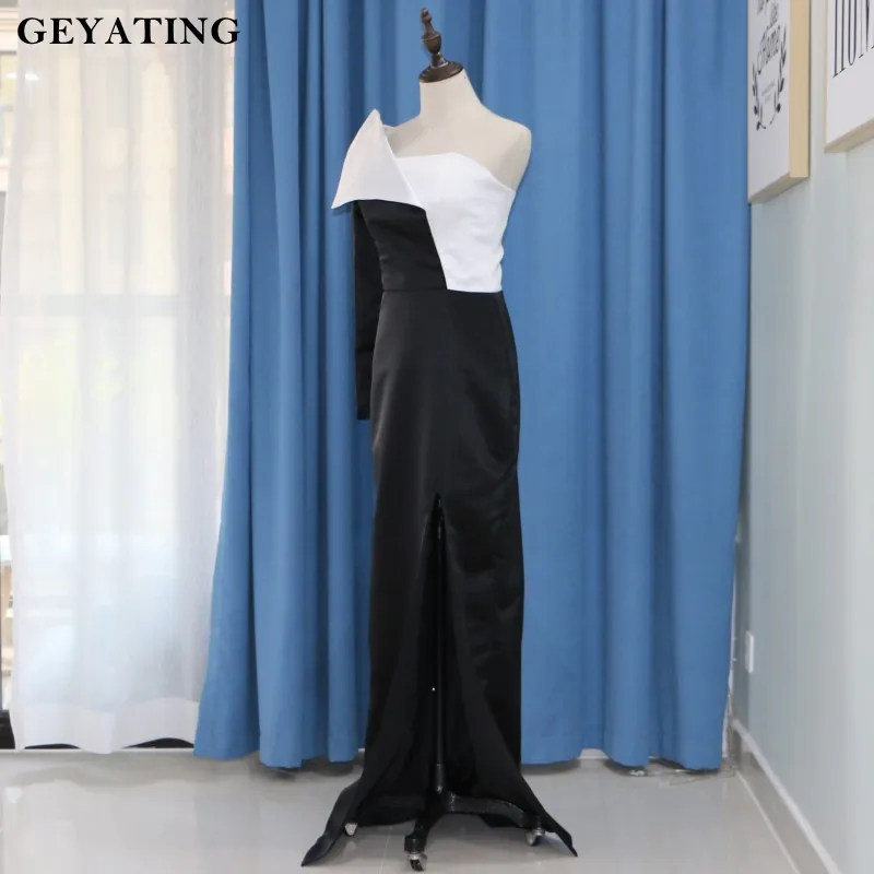Vestido de festa, Черное и белое вечернее платье на одно плечо, с длинным рукавом, с разрезом по бокам, арабское выпускное платье, Длинные вечерние платья