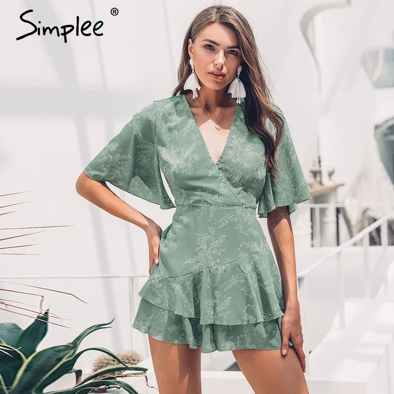 Женский хлопковый комбинезон Simplee, женский короткий комбинезон с глубоким V-образным вырезом, богемным принтом и коротким рукавом, ромпер, летние пляжные комбинезоны с оборками