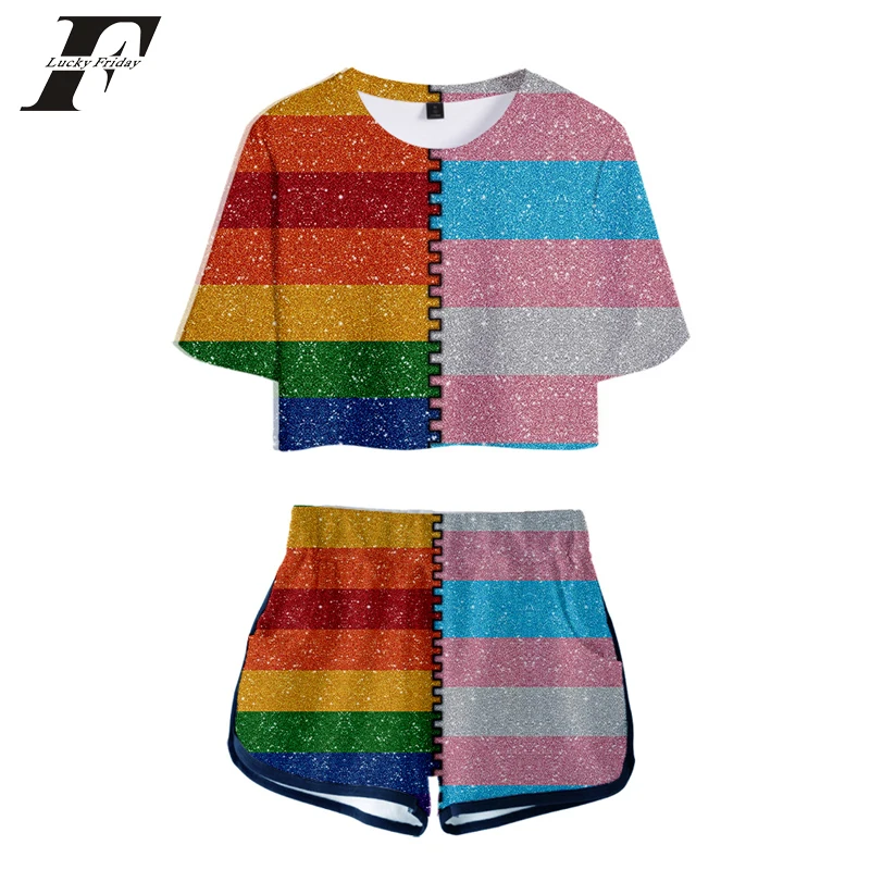 Женский Радужный костюм двойка футболка + шорты модный сексуальный спортивный в