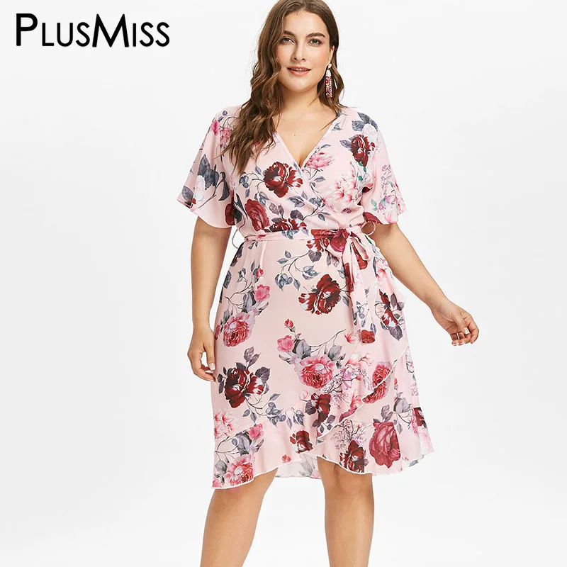 PlusMiss плюс размер 5XL Цветочный Принт обертывание шифоновое платье в богемном
