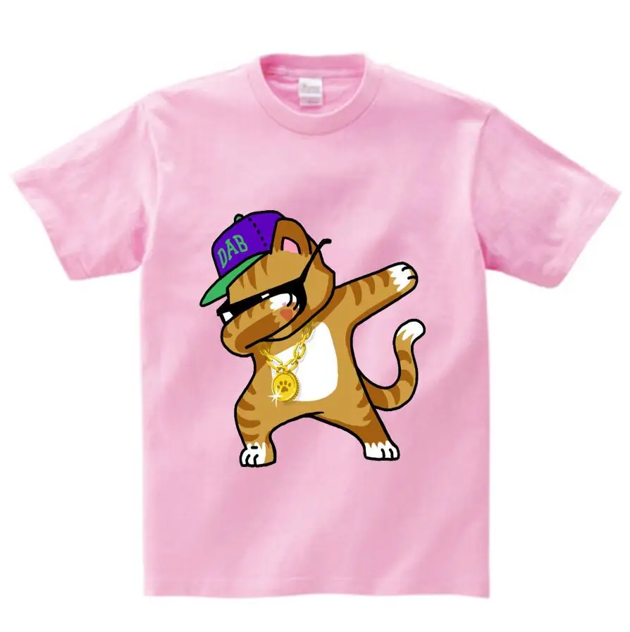 pink childreT-shirt Детская летняя футболка футболки с короткими рукавами для мальчиков и девочек с забавным рисунком кота Санта Клауса, даб Дэнс, футболка для детей 2-15 лет - Цвет: pink childreT-shirt