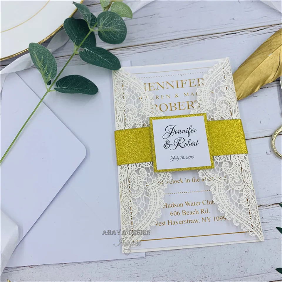 Luxury Pearl Ivory Laser Cut Wedding Invitation With Glitter Gold Belly band Customized Insert | Дом и сад