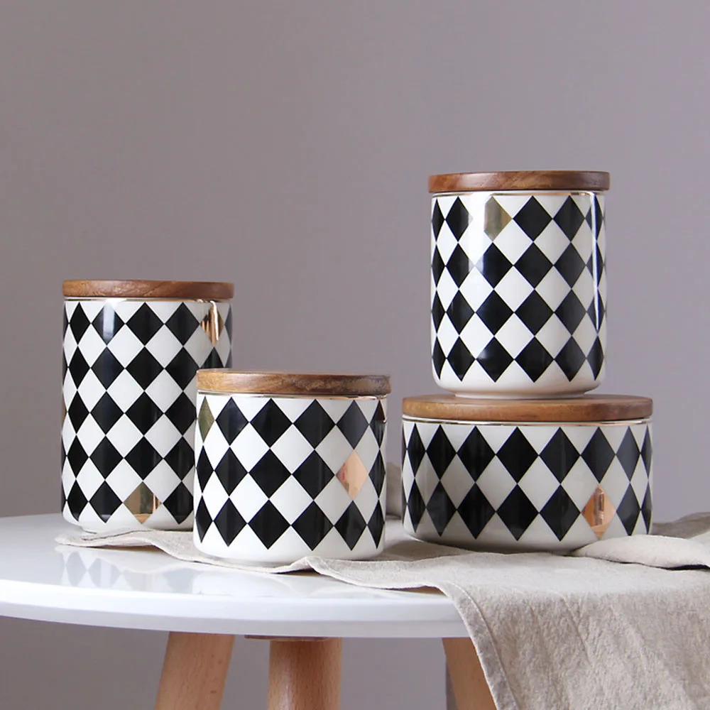 

Household Ceramics Sealed Cans Creative Grain Storage Tank Kitchen Storage Box Jar Coffee Can Wood Cover Tea Bottle Storage Jars