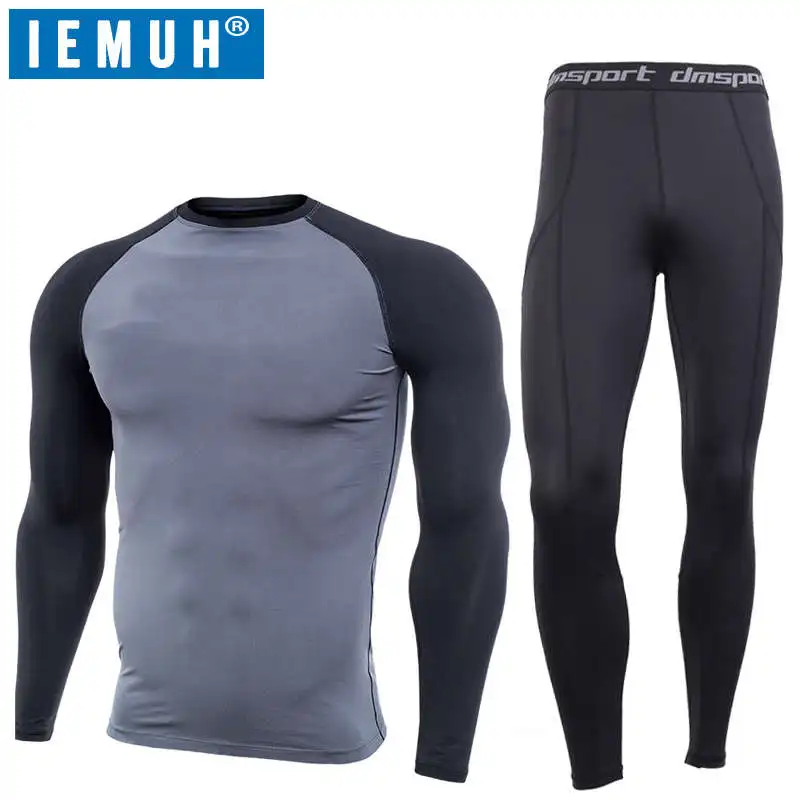 Dark Gray Black Бренд IEMUH, мужское зимнее термобелье для спорта на открытом воздухе, дышащее быстросохнущее Мужское нижнее белье для фитнеса, походов, лыж, кальсоны, нижнее белье, костюм - Цвет: Dark Gray Black