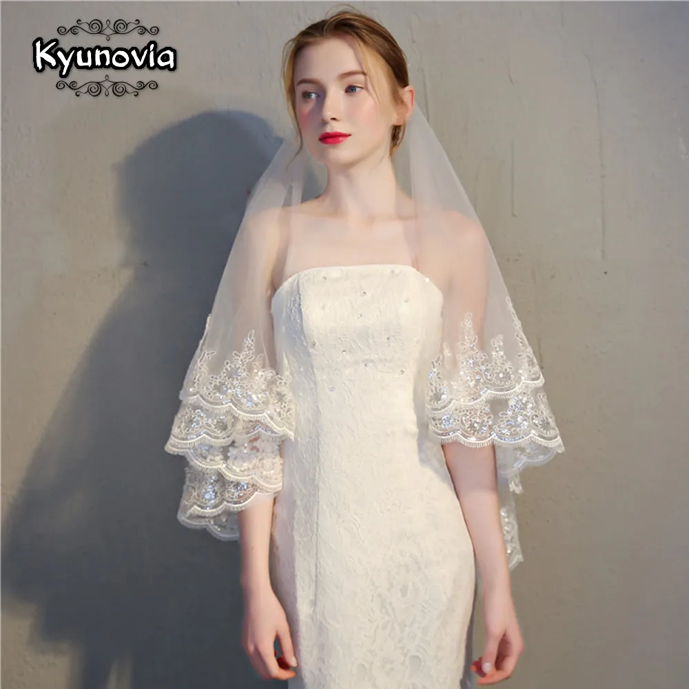 Kyunovia Фата невесты с гребнями до локтя фата короткая свадебная фата с кружевной аппликацией блесток вуаль свадебные аксессуары D52