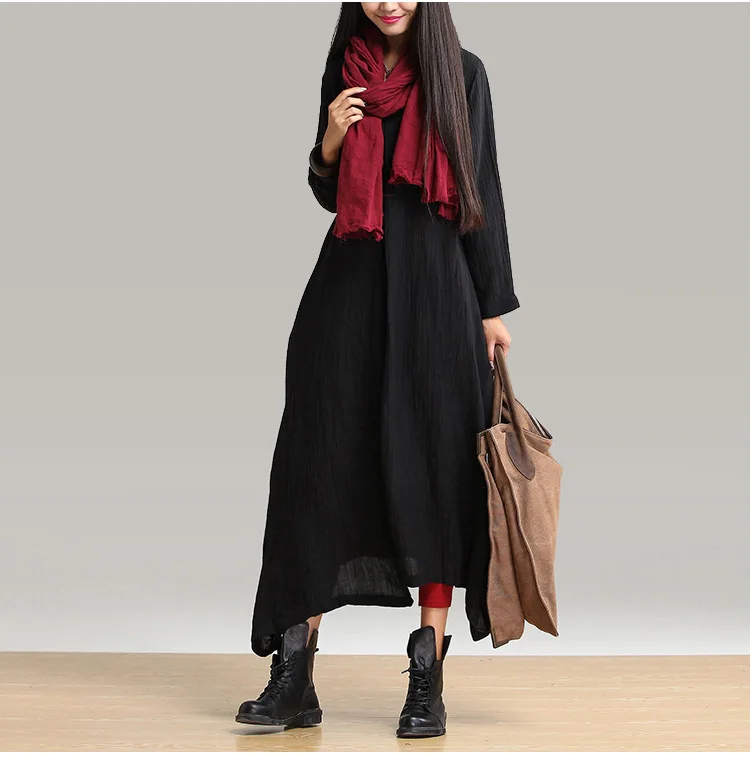 Асимметричное платье из хлопка и льна однотонное черное с длинным рукавом модель