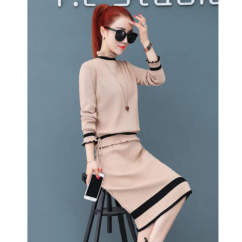 

2 piece Set women's 2019 Winter High Collar Sweater And knitting Package Hip Skirts Set Long Sleeve Pullover Women's Knit Suit