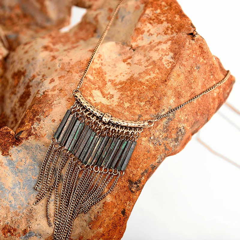 LGZH Vintage Tassel Pendant Necklace Antique Gold color Long Chain Patina metal Tube Women Ethnic Collar Jewelry | Украшения и