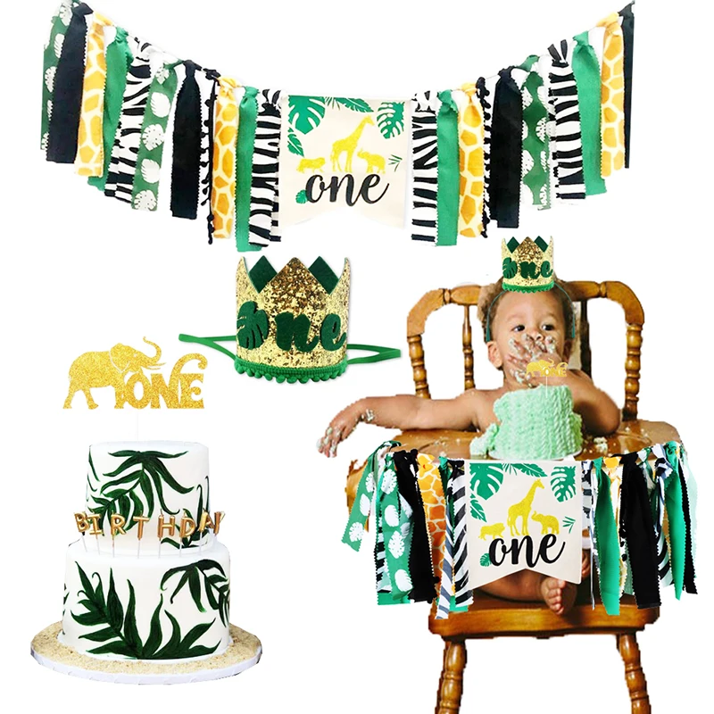 

3pcs Safari Party Supplies 1st Birthday Hat Baby Highchair High Chair Banner Garland Animal Cake Topper Jungle Party Decorations