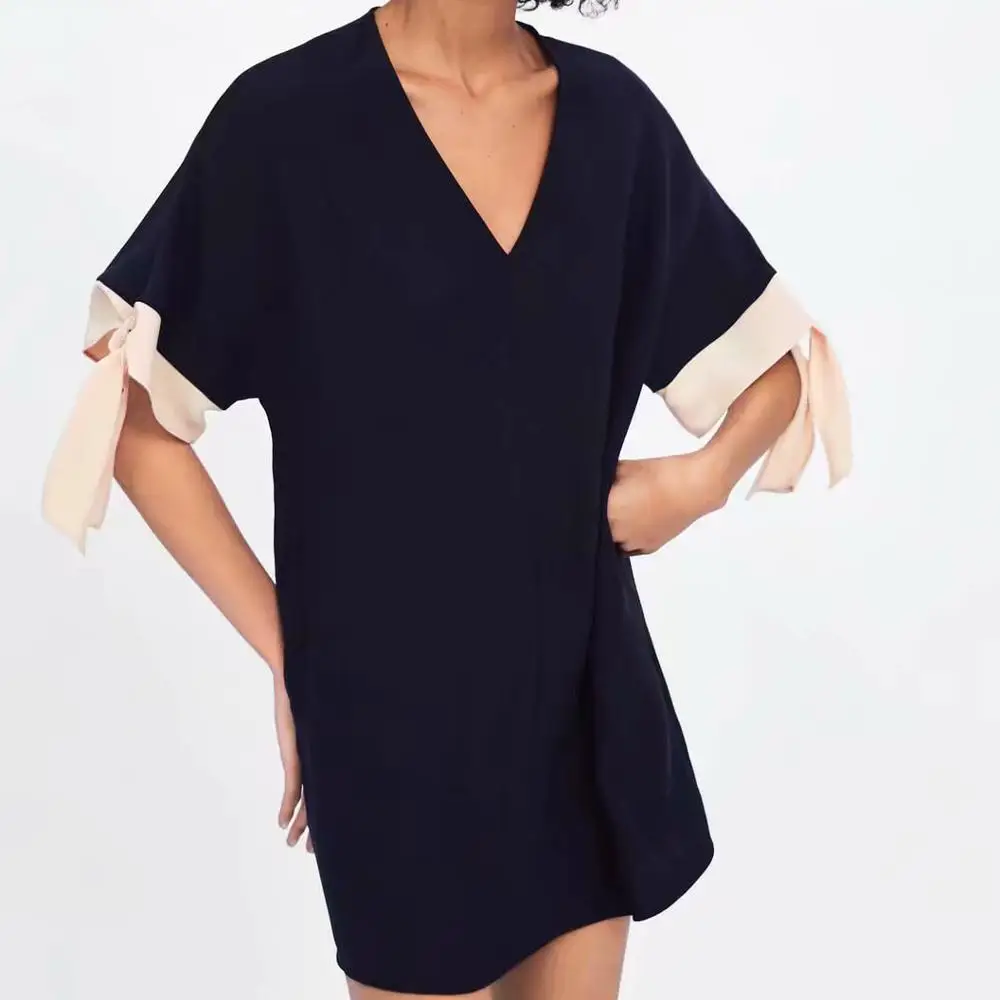 Женский черный Весенняя мода Za мини платье 2019 Новый женский сращивания лук