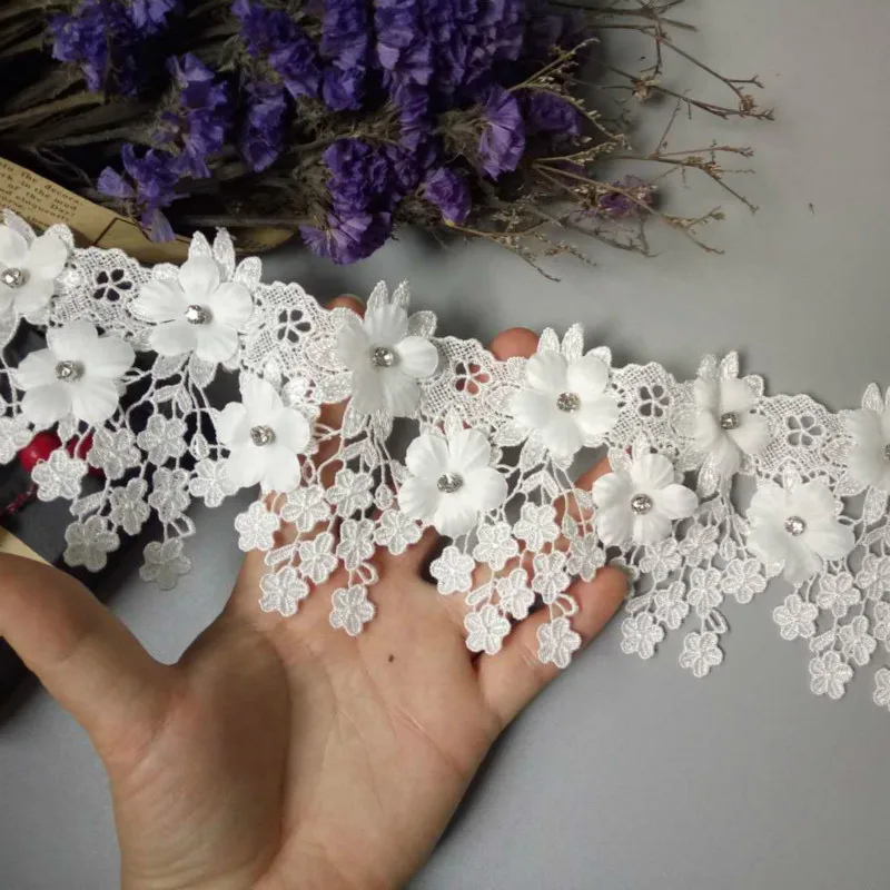 2 ярда Белый 9 см жемчуг 3D цветок кисточка кружевная отделка Лента ткань вышитая