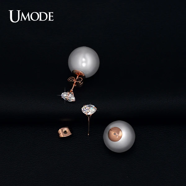 UMODE Двойные серьги гвоздики с позолотой из розового золота 18К и 3-кастовым креплением циркония 0.75 карат JE0253A