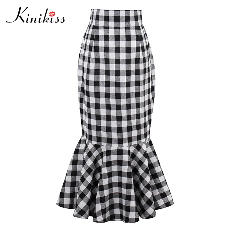 Kinikiss Женская клетчатая юбка Русалка облегающая до середины икры элегантные
