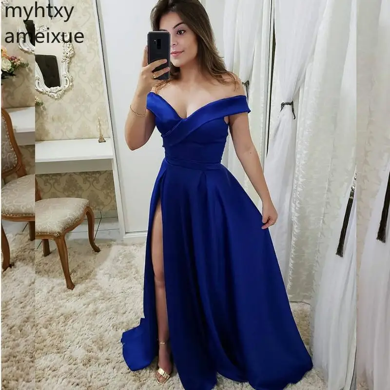 

Sexy Cheap Plus Size Evening Dresses 2021 New V-neck Floor Length Satin Zipper Back Side Slit Off Shouler Formal Robe De Soiree