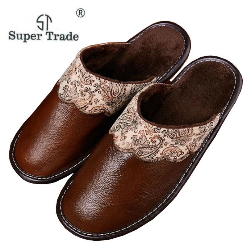 ST SUPER TRADE Genuine Leather Women Soft Soles Non-slip Home Slippers Winter Men Casual Plush Flat Heel Slip On Slides Shoes | Обувь
