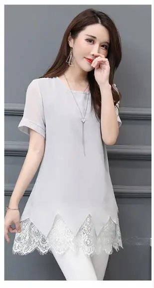 Gray Длинная туника, топы 5XL 4XL 3XL размера плюс для женщин, короткий рукав, пэтчворк, имитация двух частей, ажурный, вязанный кружевной топ, блузка, рубашки - Цвет: Gray