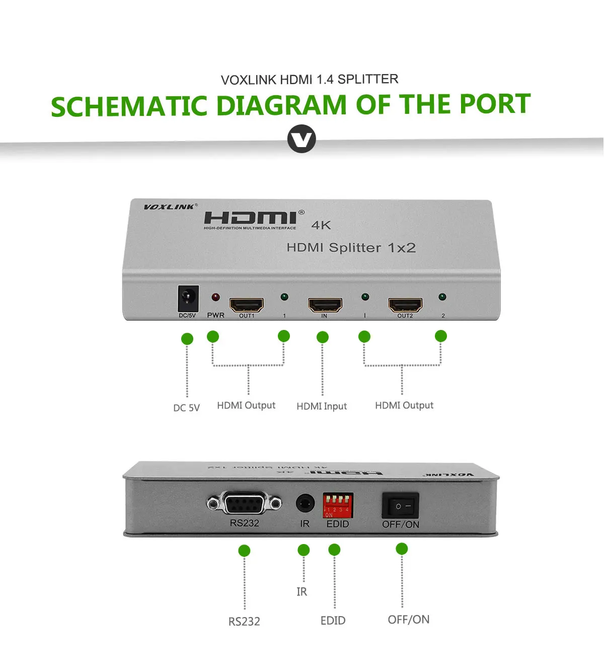 Voxlink Ultra HD 4 К версия V1.4 HDMI Splitter 1x2 1-2-out Поддержка EDID управления ИК расширение hdcp1.4