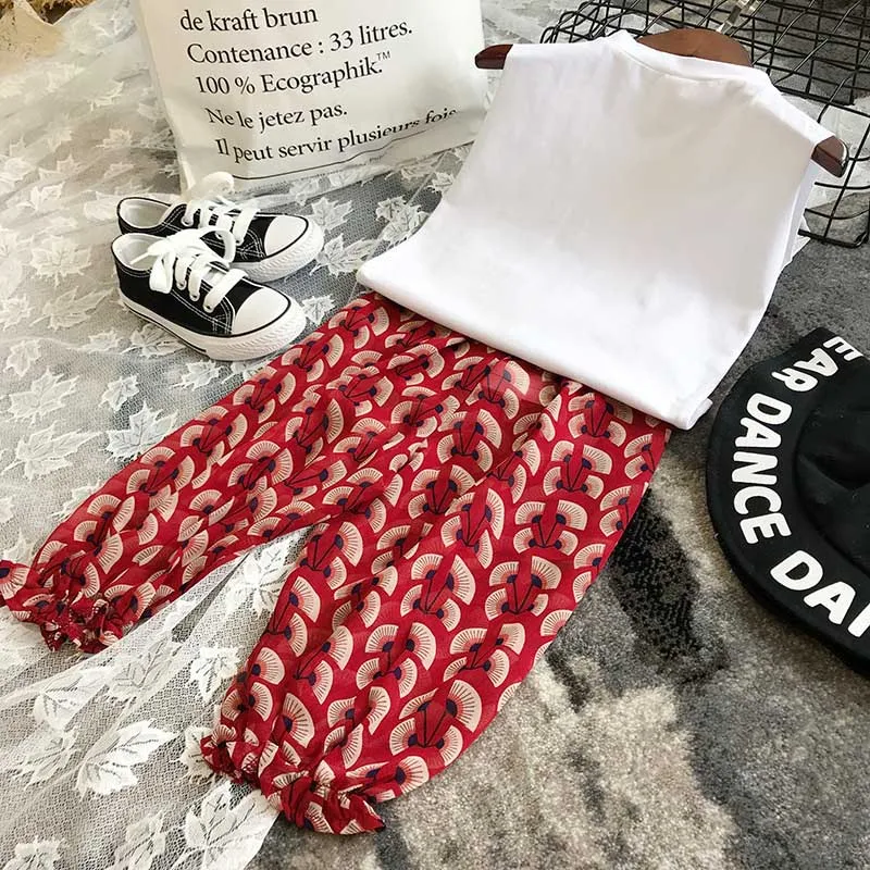 3-7Y Fashion Girls Summer Clothing Kid Vest Top + Printed Pants Leggings 2pcs Outfits Children Clothes Toddler Girl | Мать и ребенок