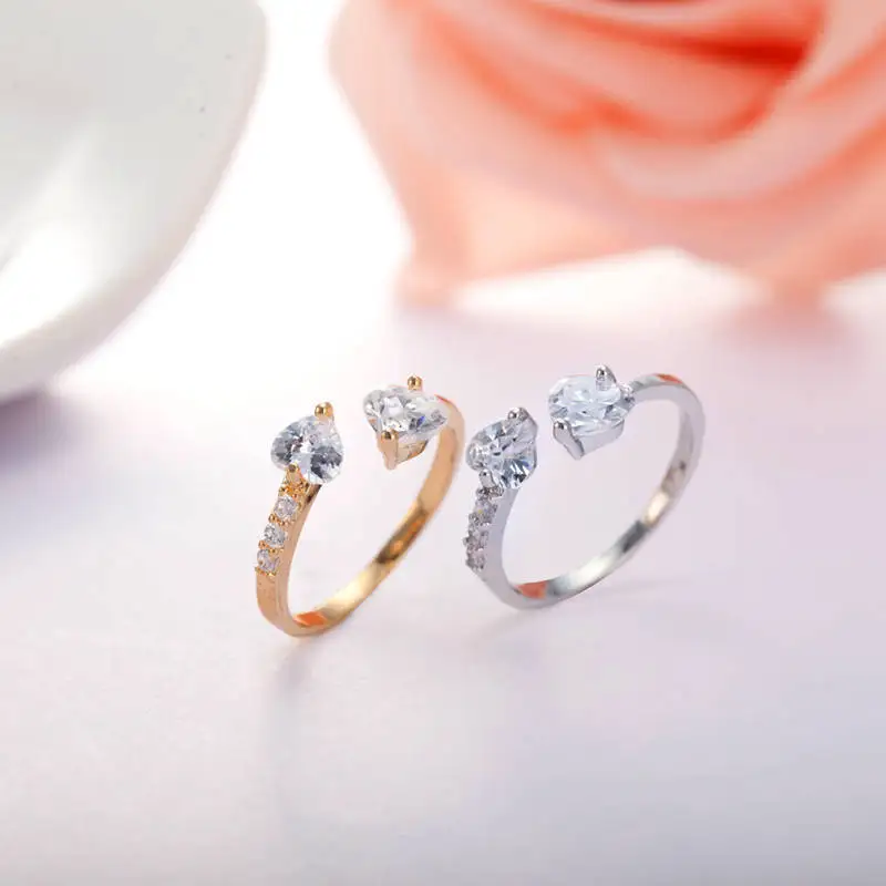 Double Heart Clear Crystal Opening RING for Women Females Ladies Party Engagement Wedding Daily Gold Color Jewelry Accessory | Украшения и