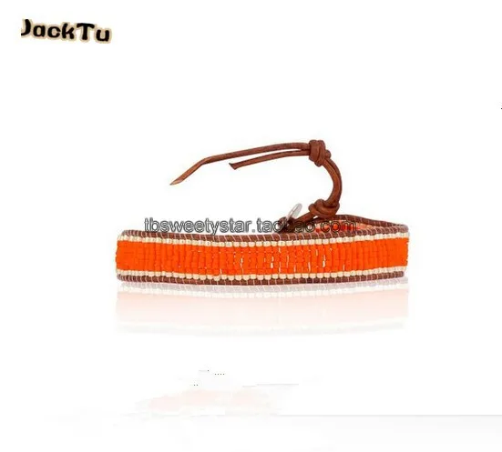 

silver and orange color seed beads cross layered wrap bracelet fashion
