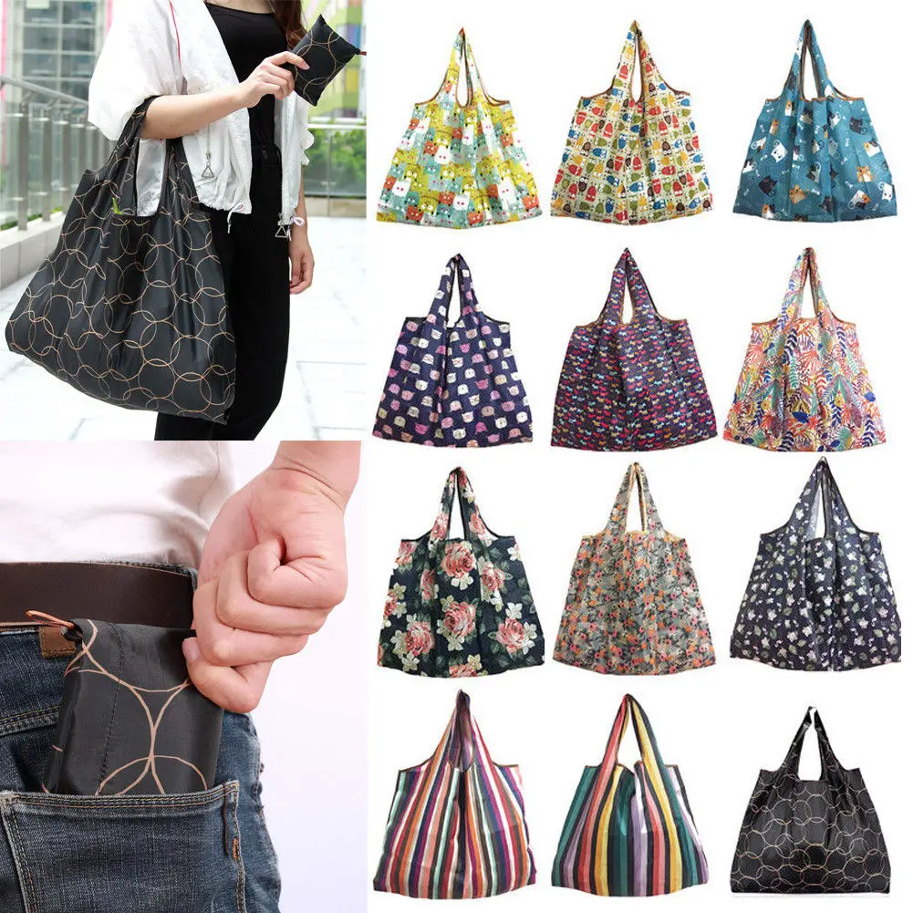 

2019 New Lady Foldable Recycle Shopping Bag Eco Reusable Shopping Tote Bag Cartoon Floral Fruit Vegetable Grocery