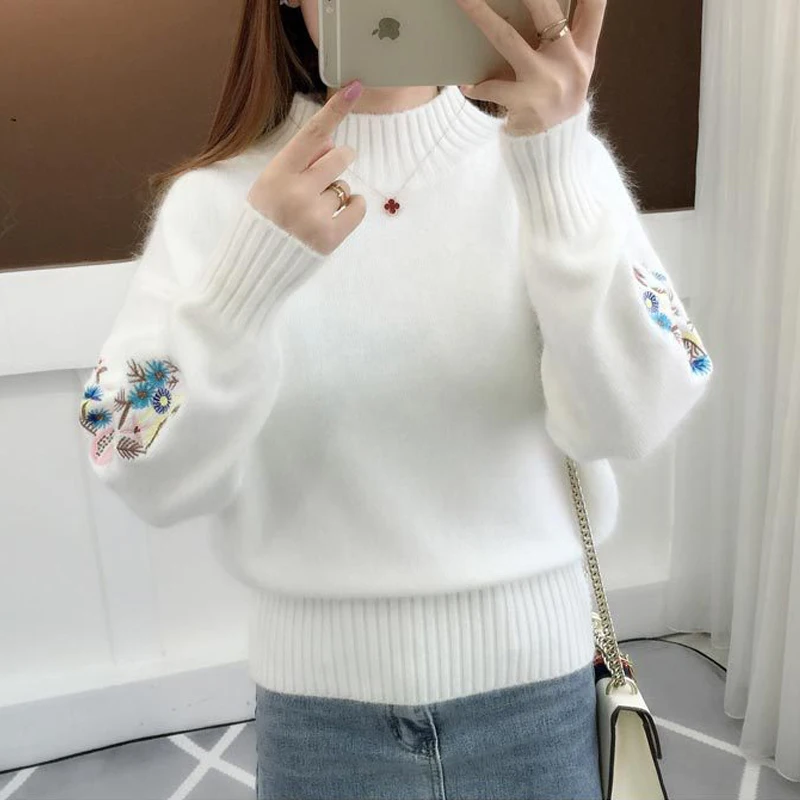 New Autumn Winter Warm Women Long Sleeve Embroidery Knitted Pullover Sweaters Ladies Crochet Sweater Female Tops High Quality | Женская