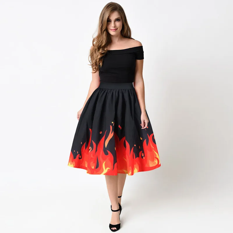 Plus Size Women Clothes High Quality 3D Printed Flame Pleated Skirts Summer New Waist Black Tutu Zipper Midi Skirt | Женская одежда
