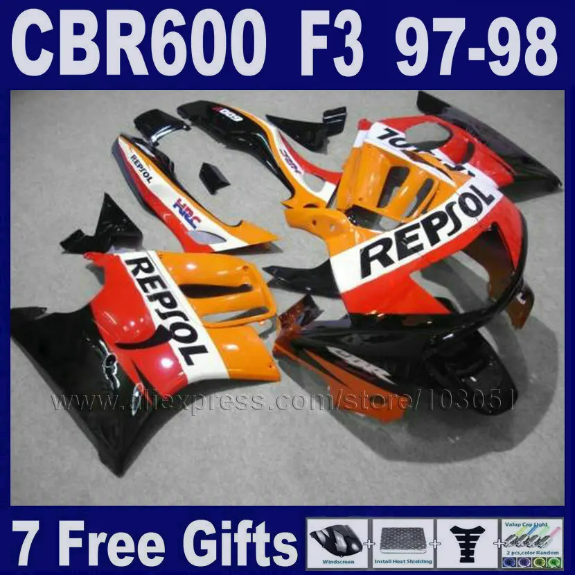 

black fairing parts for Honda 1998 CBR600 F3 1997 CBR 600 F3 1997 1998 ABS orange motorbike fairings Tank cover