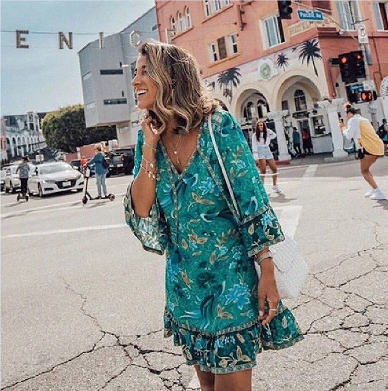 TEELYNN mini dresses for women flare sleeve Malachite green BOHO Dresses rayon ILONA Forest floral print summer Dresses vestido