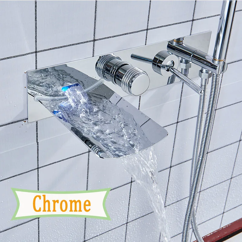 Chrome Хромированный кран для ванной комнаты, никелевый светодиодный кран-водопад, настенный кран с двумя ручками, простая установка, смеситель для горячей и холодной воды - Цвет: Chrome