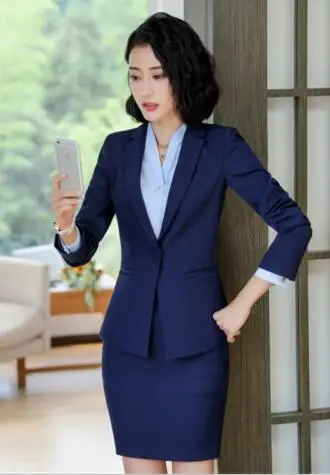 Navy coat and skirt Новое поступление, комплект из двух предметов, брючные костюмы, Зимняя мода, строгие облегающие блейзеры с длинным рукавом и брюки, офисная одежда размера плюс - Цвет: Navy coat and skirt