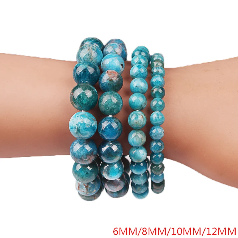 Natural Stone Blue Apatite Round Phosphorite Beads Elastic Bracelet 4 6 8 10 12mm Healing Women Jewelry Gifts | Украшения и