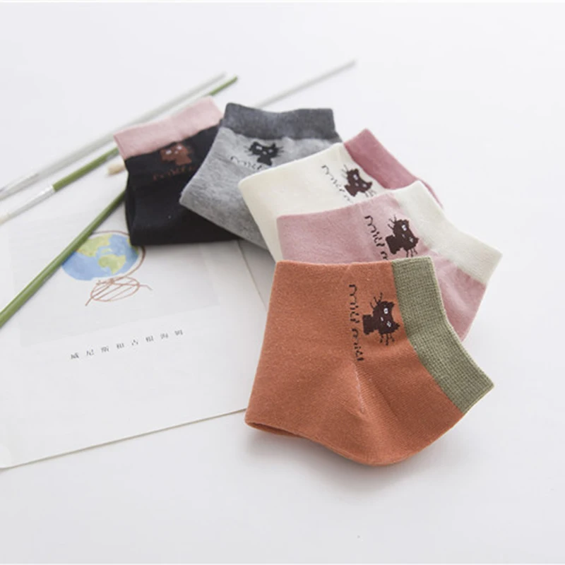 Женские хлопковые носки короткие трубы с мультяшным принтом кота весна лето 2017| |