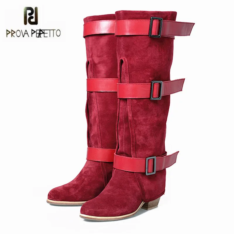 Prova Perfetto Women Knee High Boots Red Suede Female Chunky Heel Straps Autumn Winter Platform Rubber Botas Mujer | Обувь