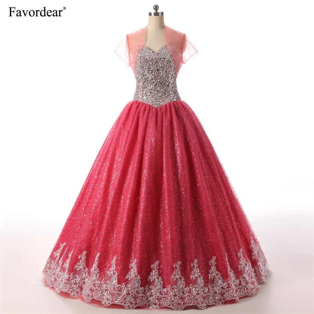 Favordear Stunning Huge Beaded Ball Gown Quinceanera Dresses With Jacket Coral Tulle Silver Crystals Lace Dress | Свадьбы и