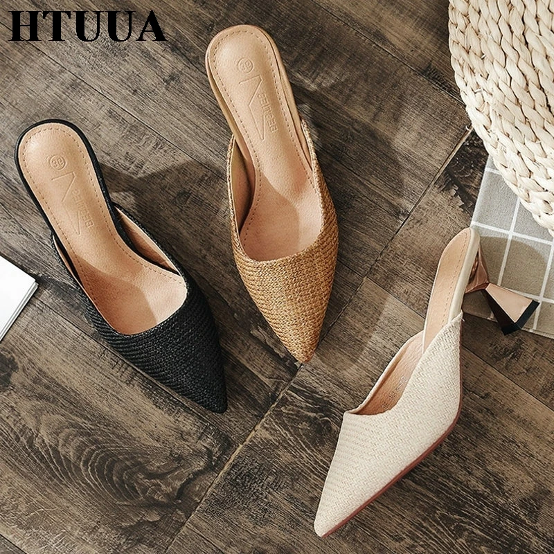 Женские мюли на высоком каблуке HTUUA дизайнерские шлепанцы с острым носком сланцы
