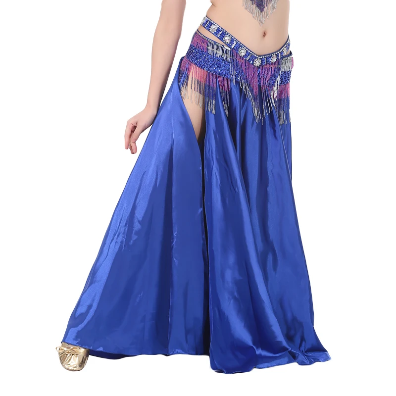 Royal blue Женская юбка для танца живота, длина до пола, двойной разрез, атласная юбка для танца живота, 12 цветов, юбка для танца живота, сценическая юбка(без пояса - Цвет: Royal blue