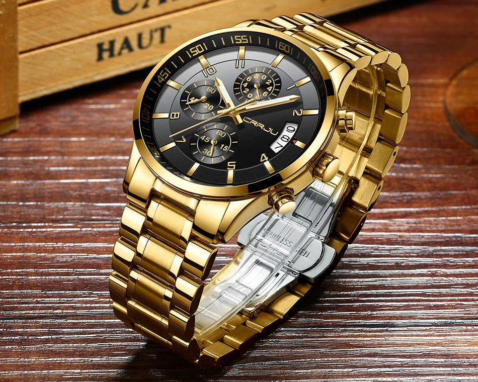 

Luxury Brand CRRJU Calendar Casual Men Watch Full Steel Quartz Chronograph Male Clock Wristwatch Rose Gold Hodinky Reloj Hombre