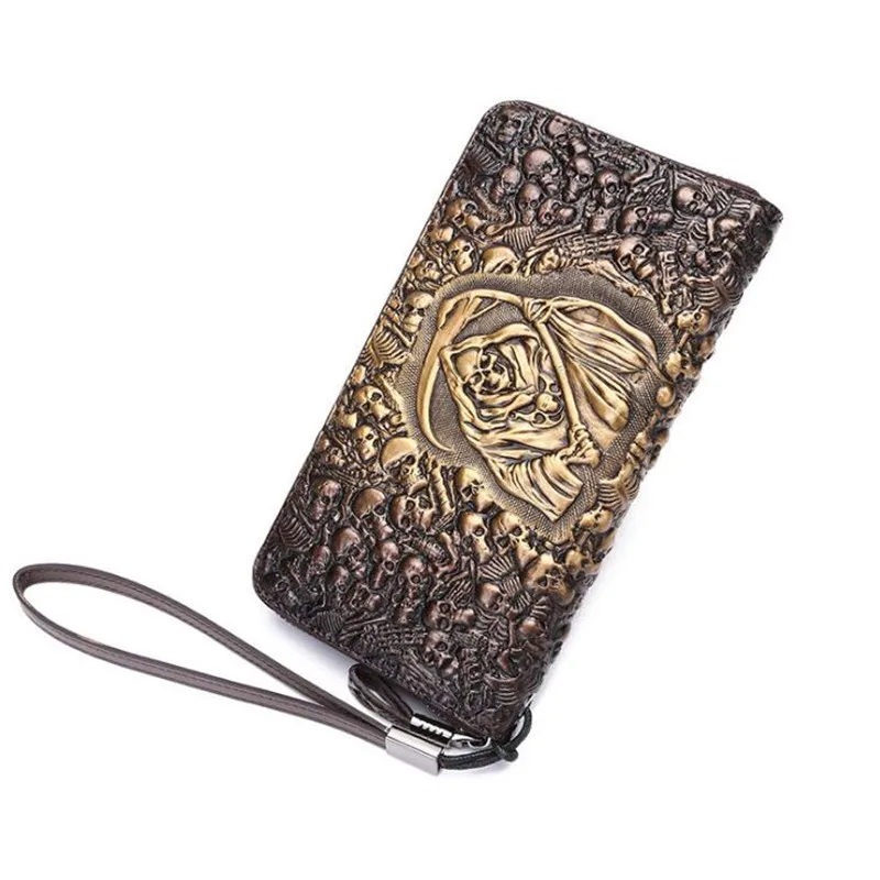 

Fashion Genuine Leather Women Long Purse Female High Quality Zipper Wallet Money Clips Men Skull Head Cards Purse With Strap