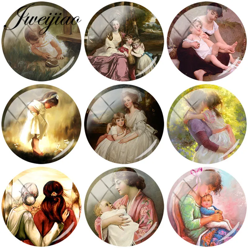 

JWEIJIAO Hot 5pcs Glass Cabochon Mother And Baby Kids Art Paiting Glass Dome Beads DIY Earrings Keychain Jewelry Finding