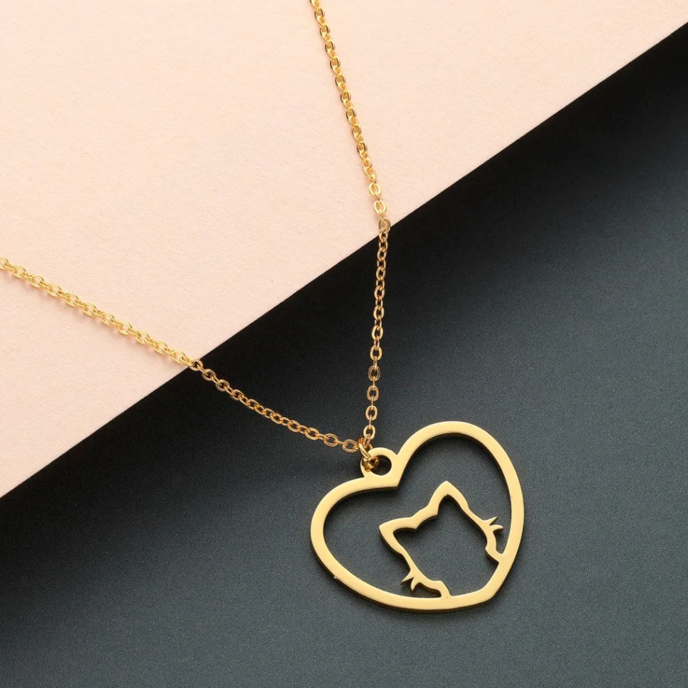 Chereda Stainless Steel Necklace for Women Man Lover's Hollow Heart Cute Cat Gold And Silver Color Pendant Jewelry | Украшения и