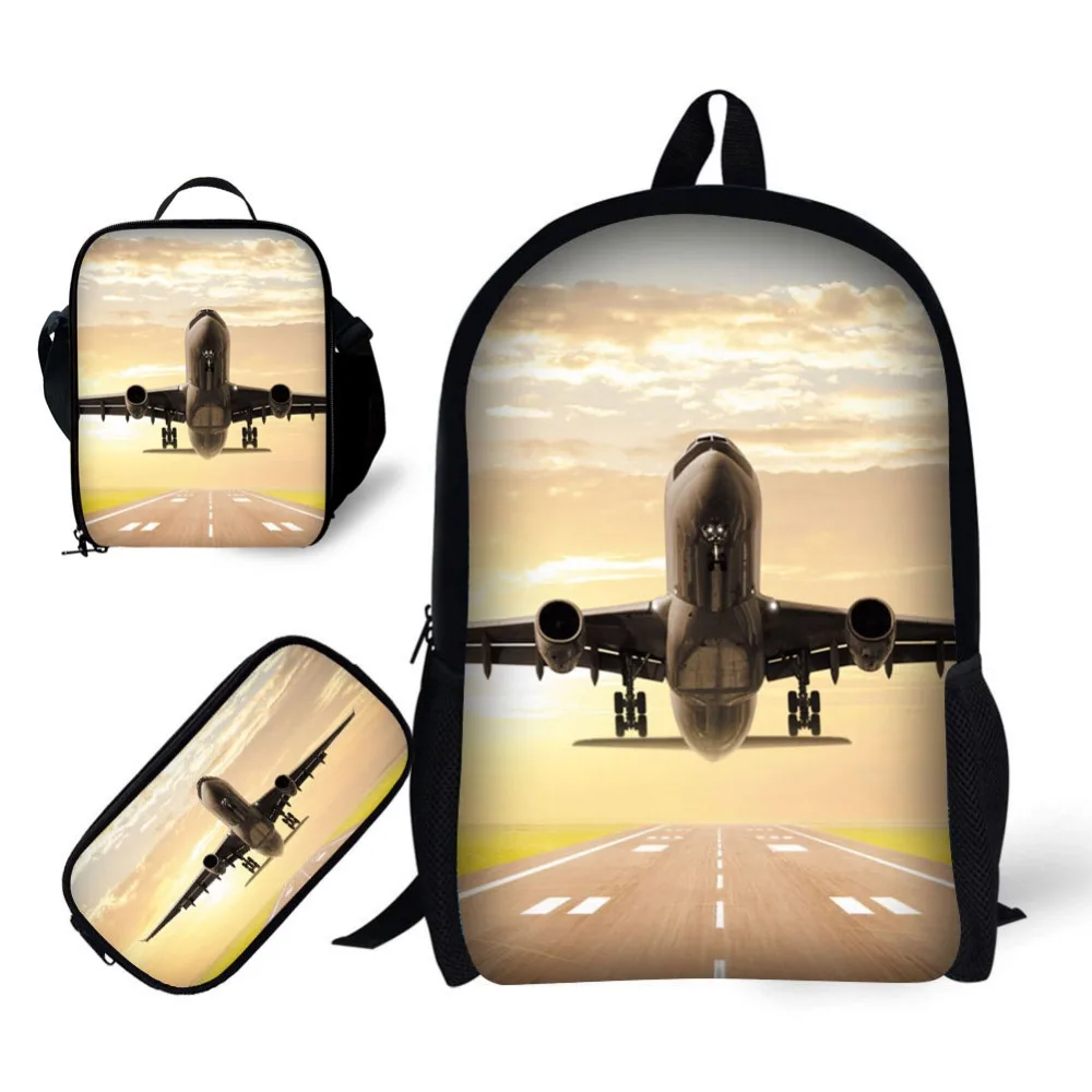 School 3pcs/set for boy Backpack Aircraft printing Satchel Schoolbag In Primary Students Notebook Bag Meal package Pencil case