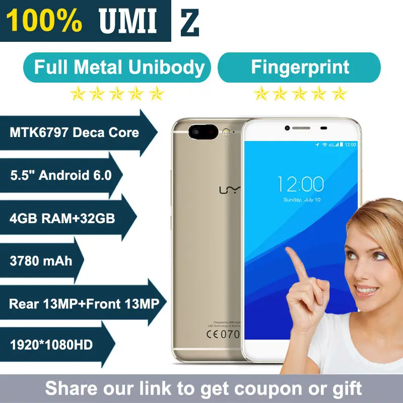 Оригинальный Umi Z Helio x27 Дека-core 2.6 ГГЦ Full Metal Unibody Смартфон 5.5 &quot13MP Передняя Камера