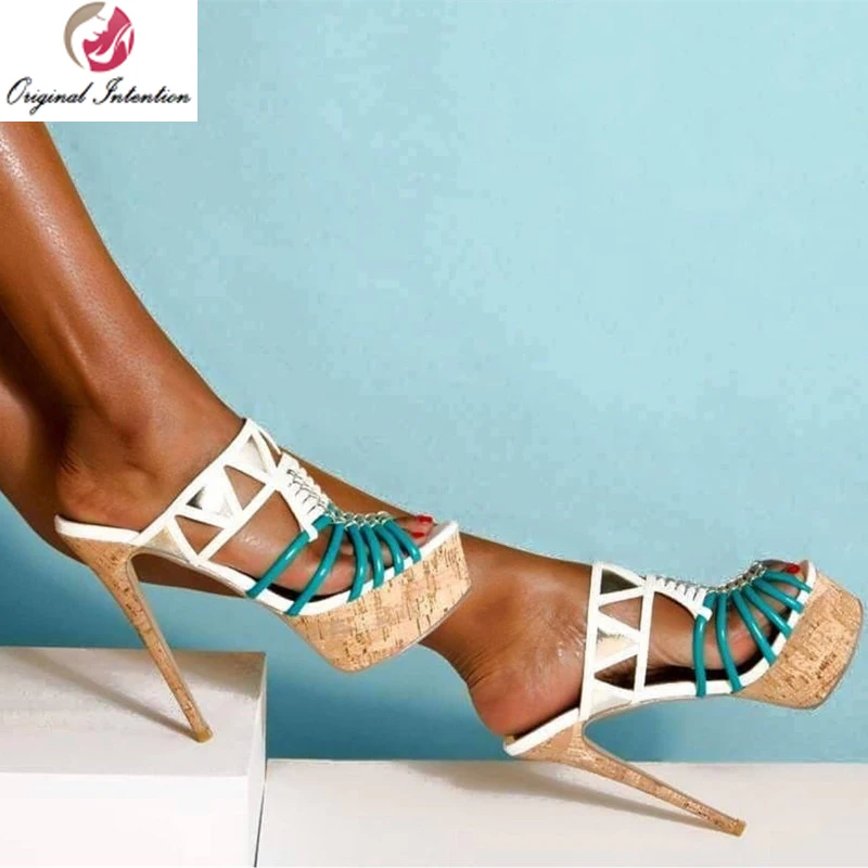 

Original Intention Stylish Gladiator Women Sandals Platform Stiletto High Heels Sandalia Blue&White Summer Shoes Woman Size 15