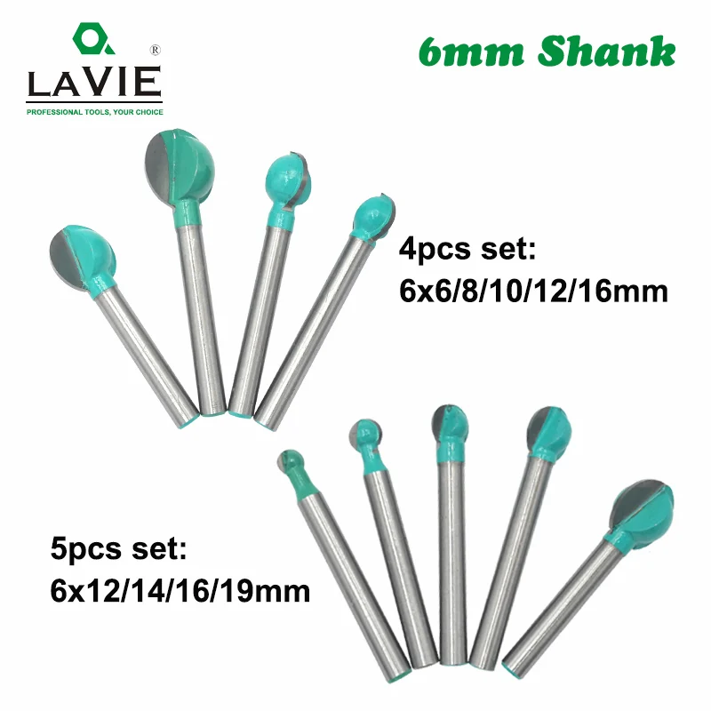 LAVIE 4pcs 5pcs 6mm Shank Ball Nose Round Carving Bit Router Bit for Wood Cove CNC Milling Bit Radius Core Tungsten Carbide 6003