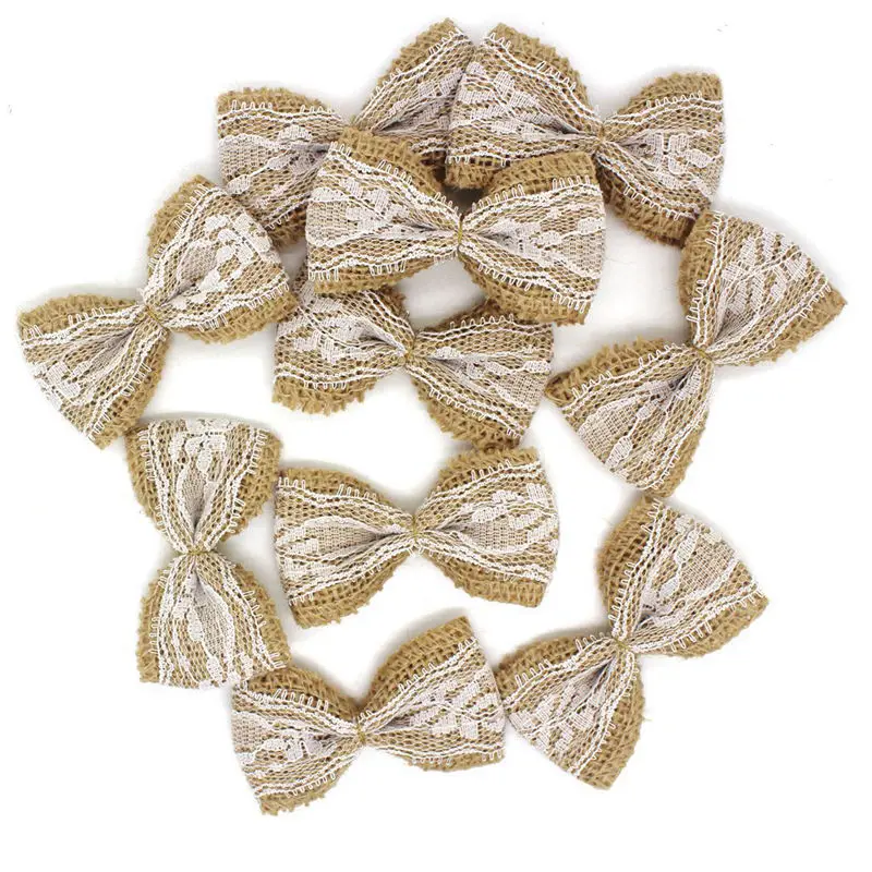bowknot no pearls 10 шт винтажные натуральные джутовые мешковины hessian Луки кружевные ленты для свадебного украшения деревенский Свадебный джутовый бант из ленточки#536840 - Цвет: bowknot no pearls