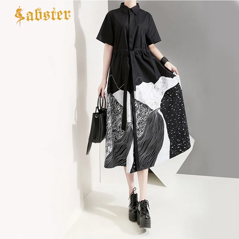 New 2019 Fashion Summer Women  Shirt Dress Painting Loose Black White Long Blouse Turn Down Collar Casual Dresses XZ397