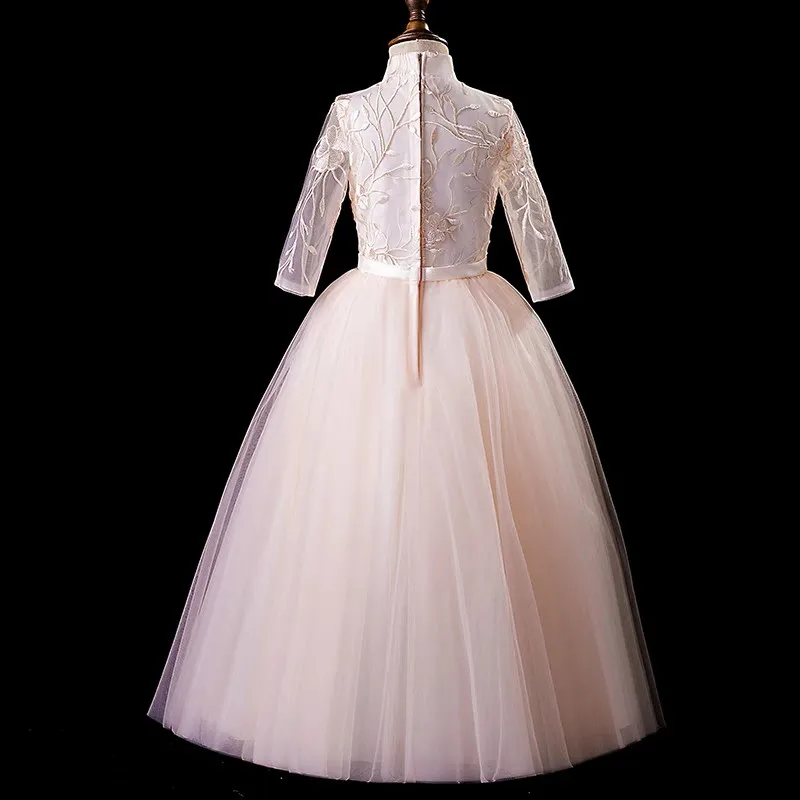 

2018Autumn Winter Luxury Children Girls Champagne Embroidery Lace Birthday Wedding Party Dress Kids Evening Piano Costume Dress
